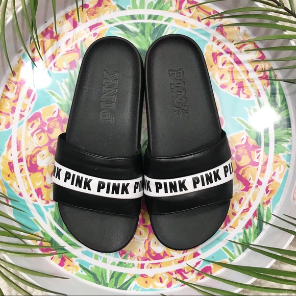 PINK Victoria's Secret Shoes - PINK Victoria Secret Black Logo Slides